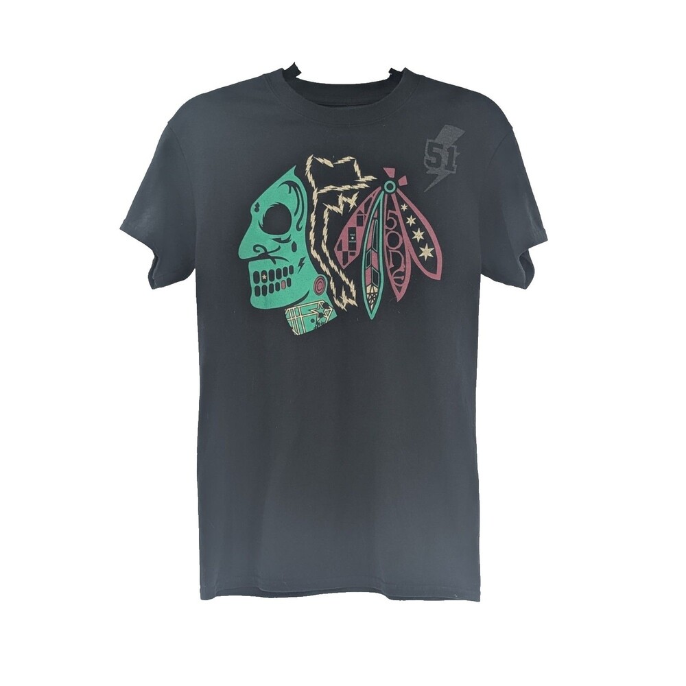 Chicago Blackhawks Scary Skull Black Green Logo NHL Men's T-Shirt Size Small